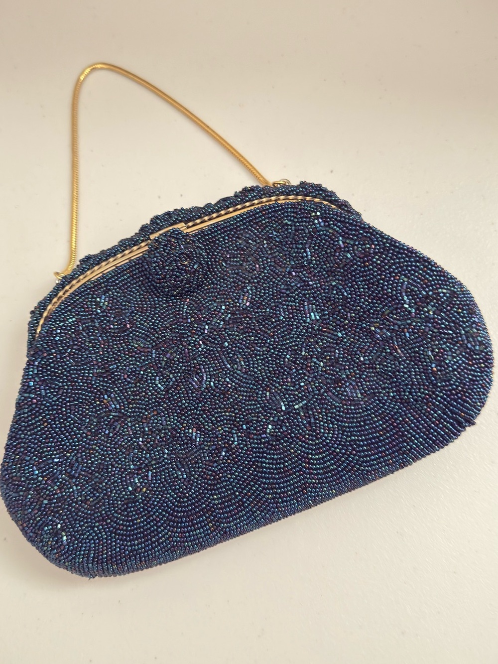 Beaded K&G New York Navy Evening bag with Gold Handle